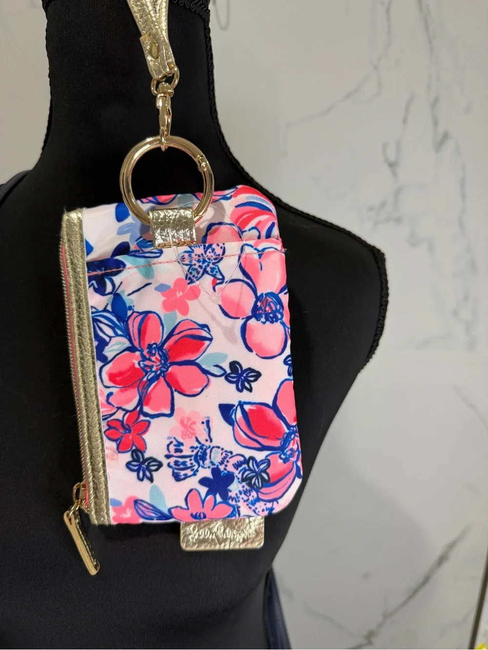 Lilly Pulitzer Pink & Blue Floral Wristlet Card Holder with Gold Accents